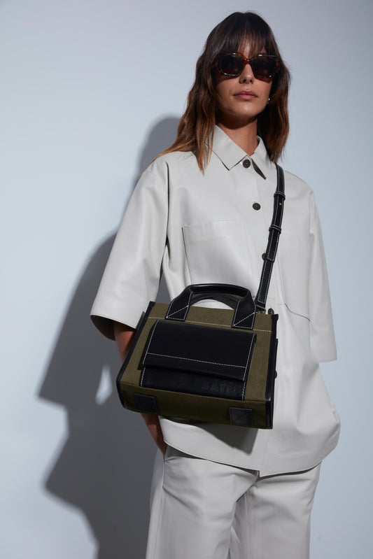 STITCHED POCKET MINI TOTE IN KHAKI AND BLACK