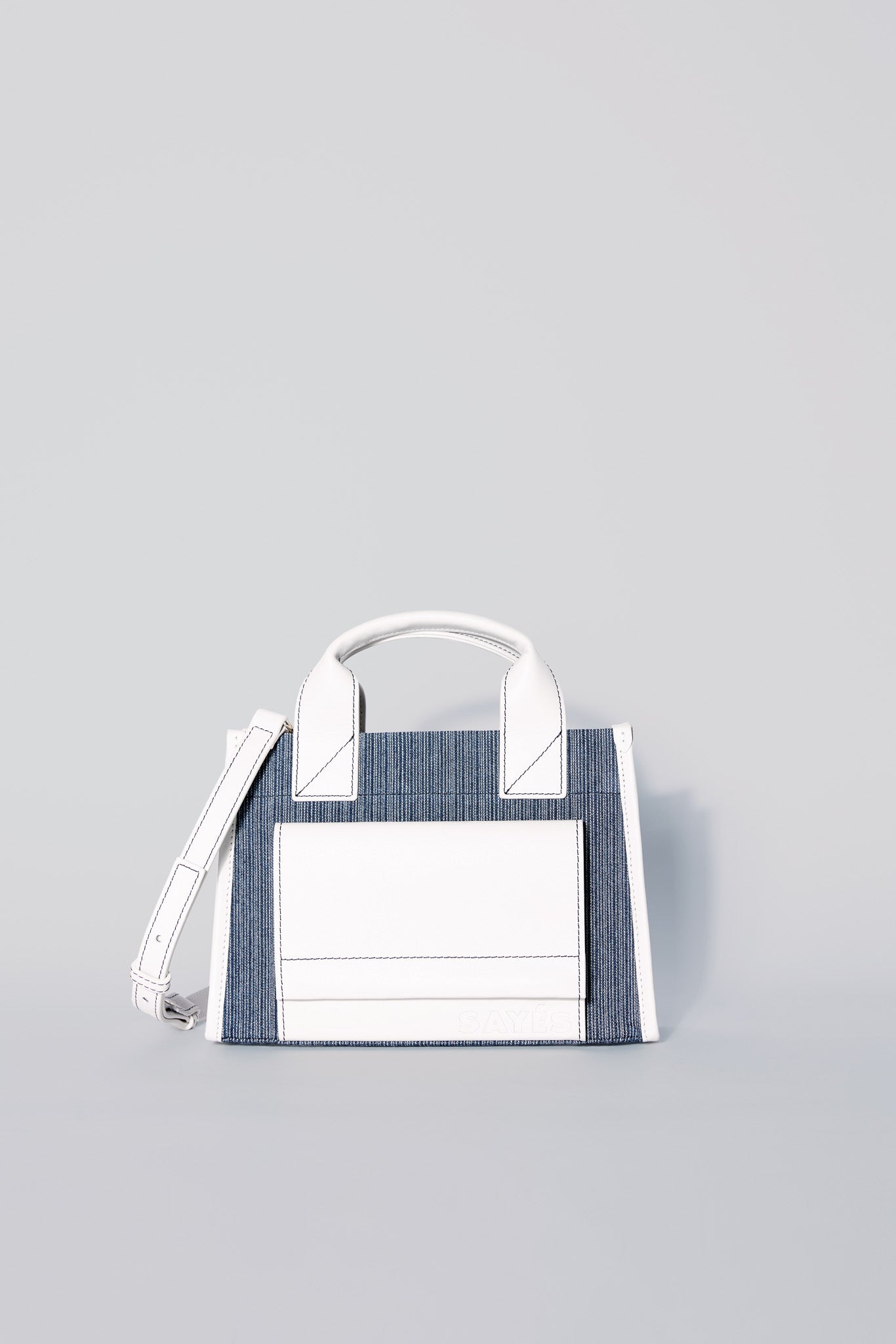 STITCHED POCKET MINI TOTE IN MARINE AND OFF-WHITE