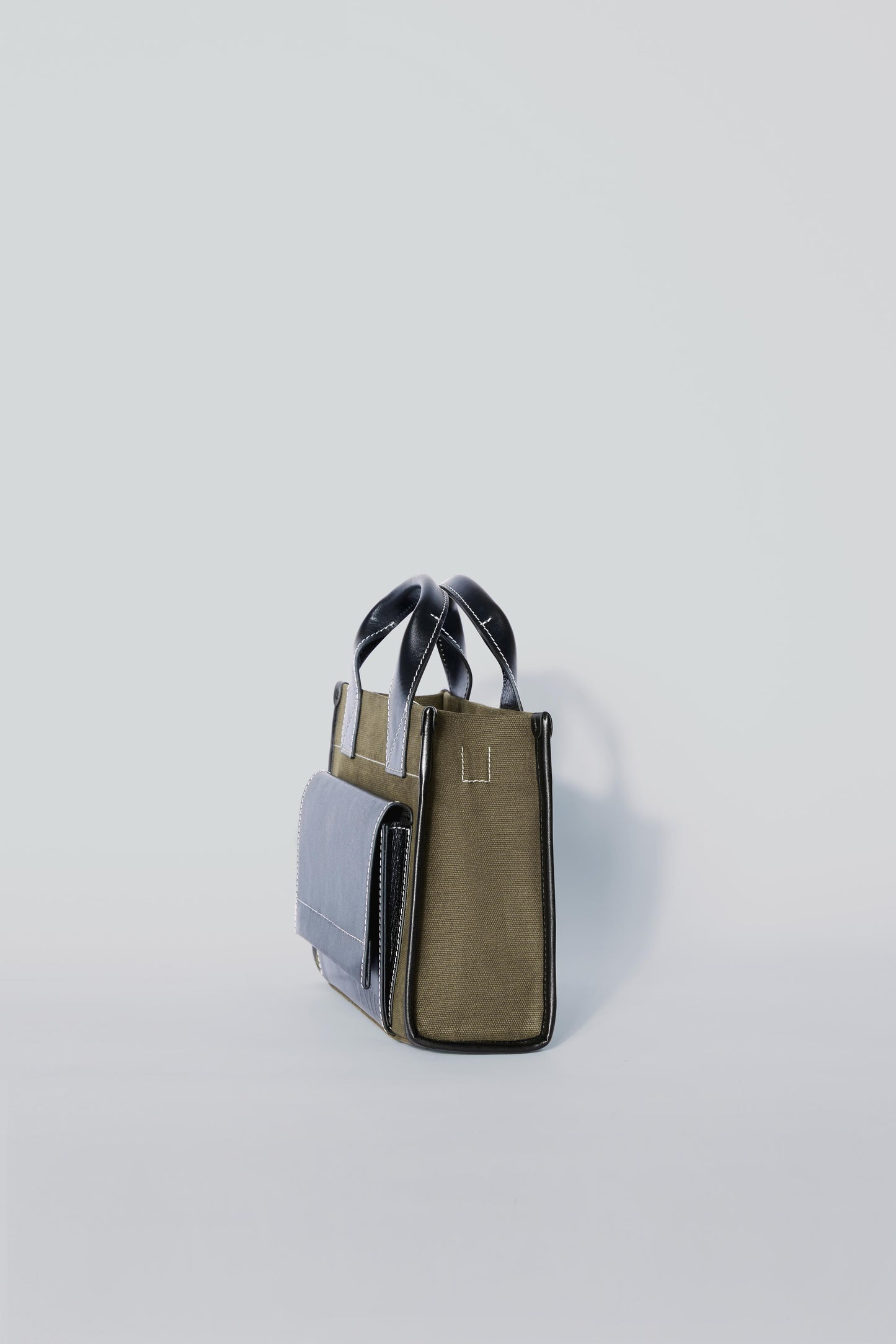 STITCHED POCKET MINI TOTE IN KHAKI AND BLACK