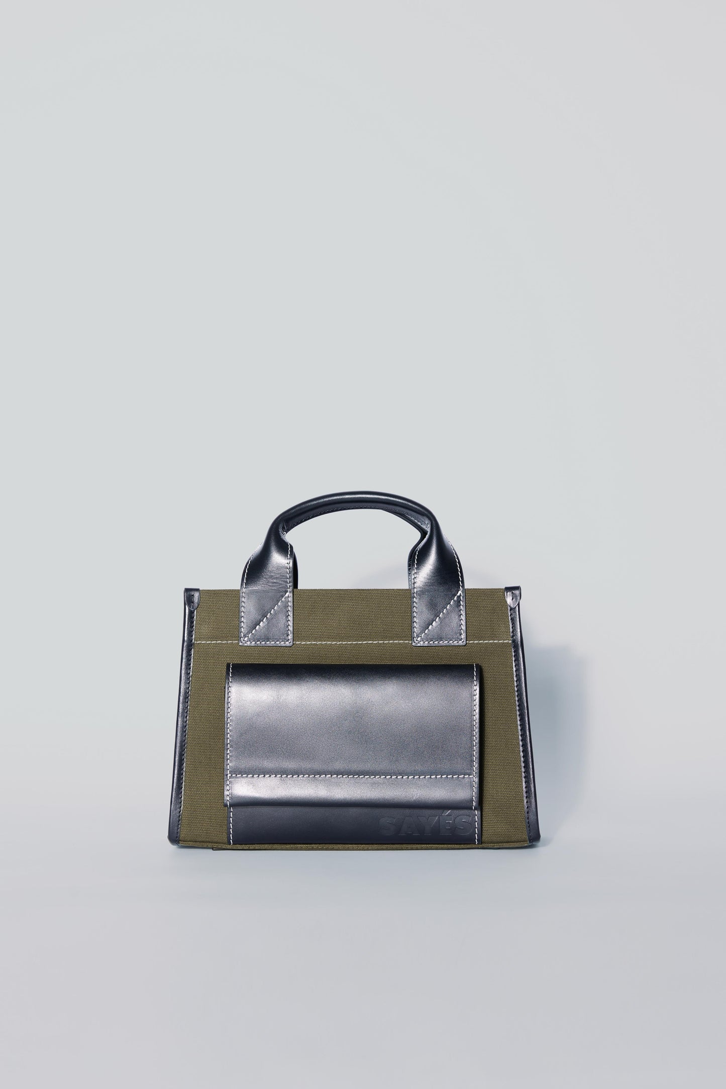 STITCHED POCKET MINI TOTE IN KHAKI AND BLACK