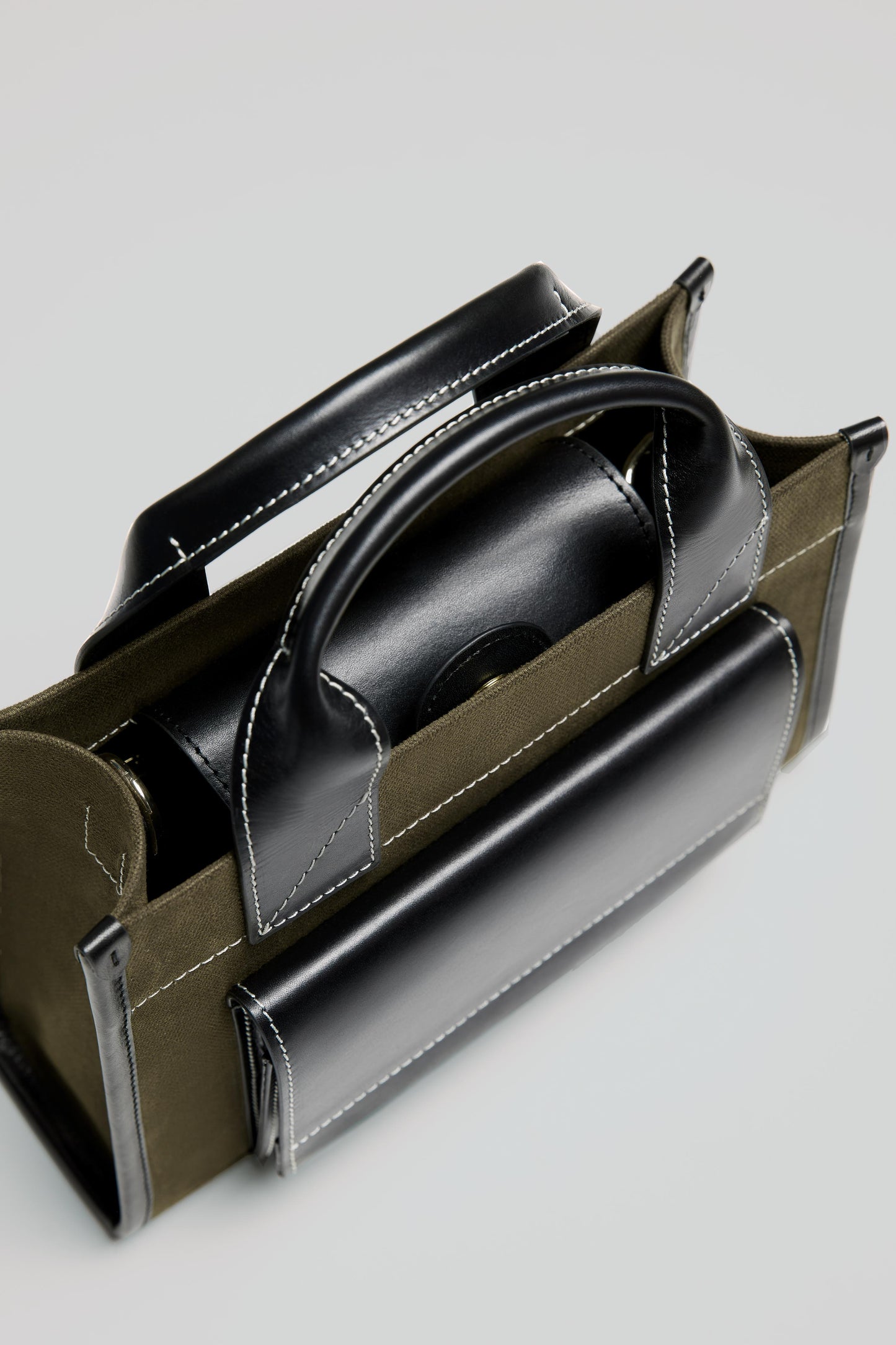 STITCHED POCKET MINI TOTE IN KHAKI AND BLACK