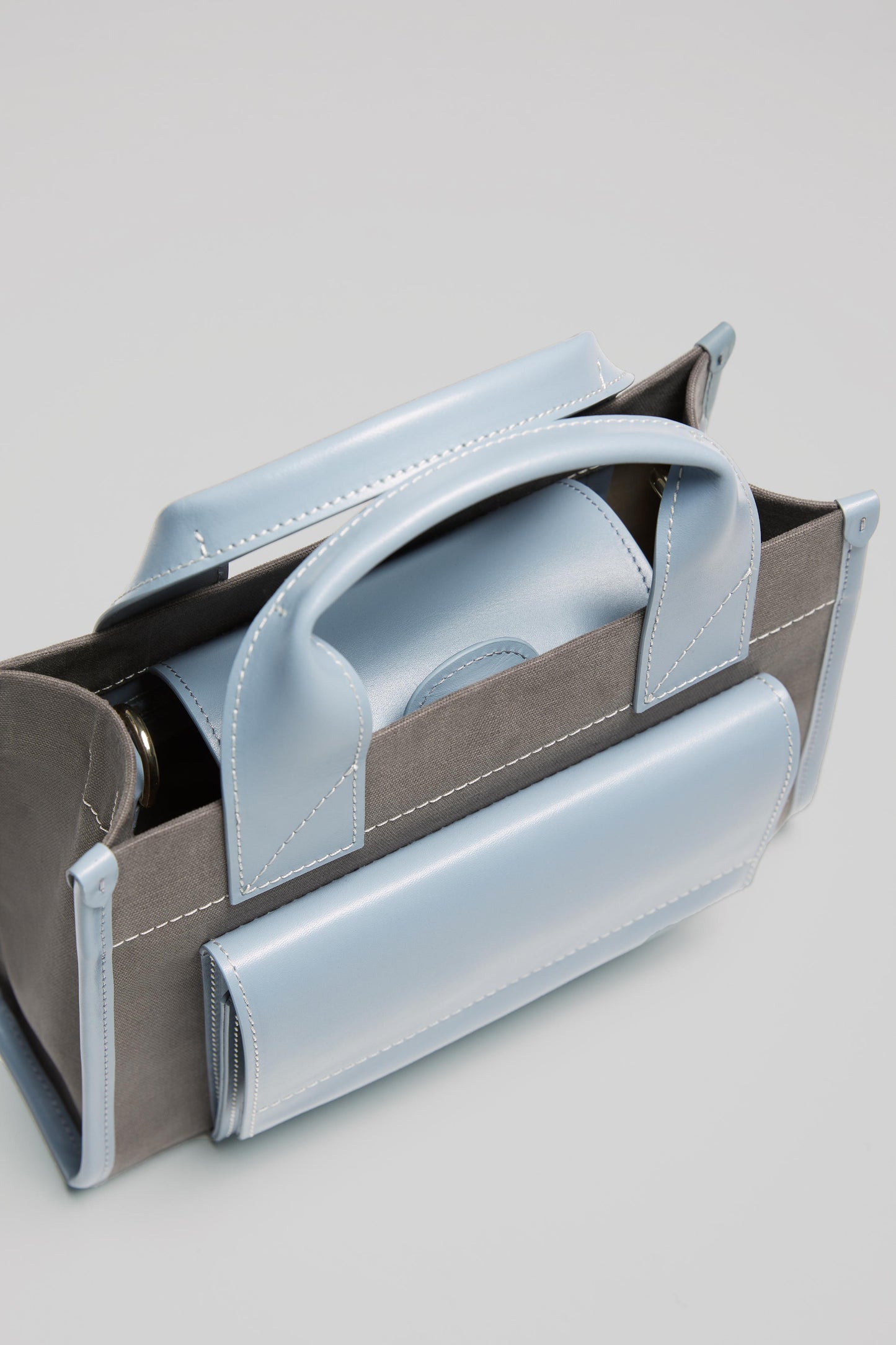 STITCHED POCKET MINI TOTE IN MINK AND BLUE