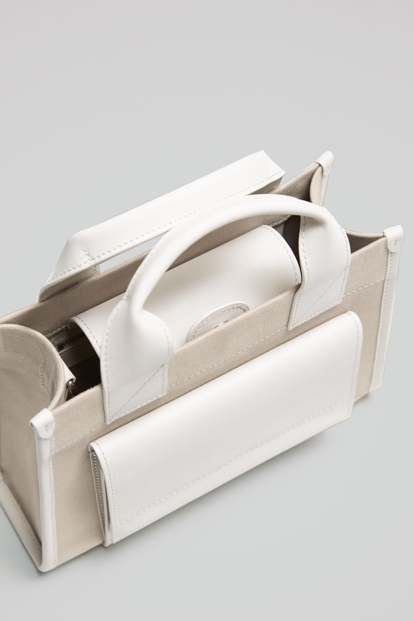 STITCHED POCKET MINI TOTE IN BEIGE AND OFF-WHITE