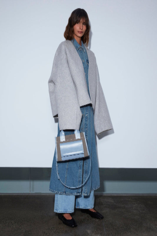 STITCHED POCKET MINI TOTE IN MINK AND BLUE