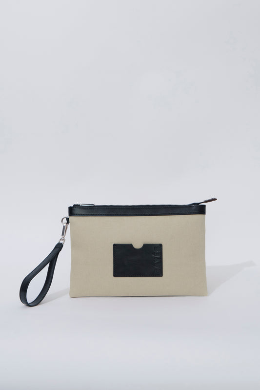 STITCHED CLUTCH IN BEIGE AND BLACK