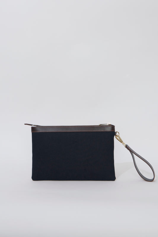 STITCHED CLUTCH BAG IN NAVY AND BROWN