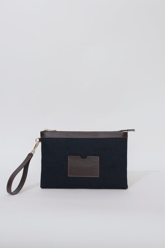 STITCHED CLUTCH IN NAVY AND BROWN