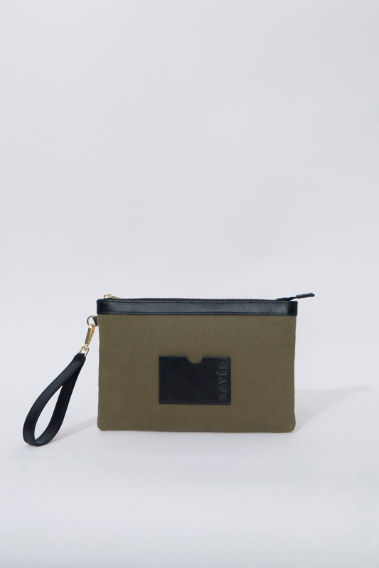 STITCHED CLUTCH IN KHAKI AND BLACK