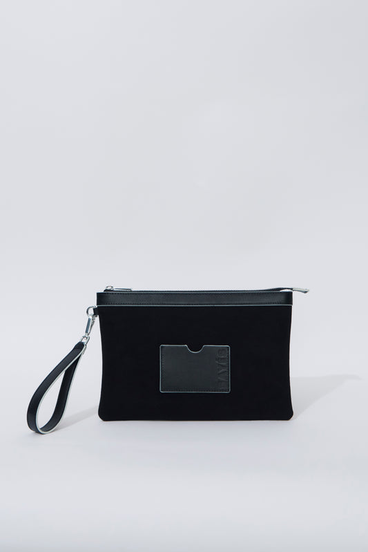 STITCHED CLUTCH IN BLACK WITH OFF-WHITE EDGES