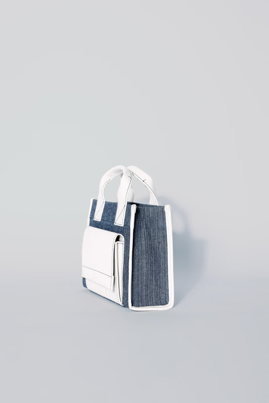 STITCHED POCKET MINI TOTE BAG IN MARINE AND OFF-WHITE