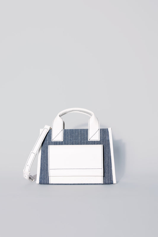 STITCHED POCKET MINI TOTE IN MARINE AND OFF-WHITE