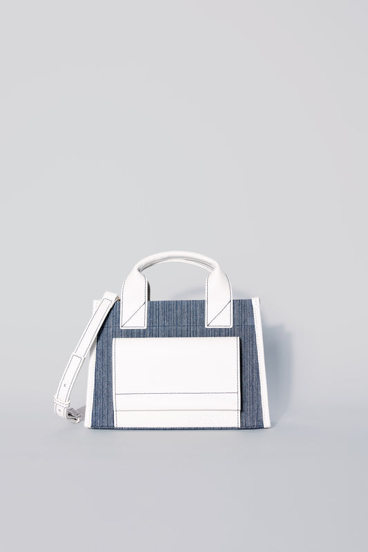 STITCHED POCKET MINI TOTE BAG IN MARINE AND OFF-WHITE