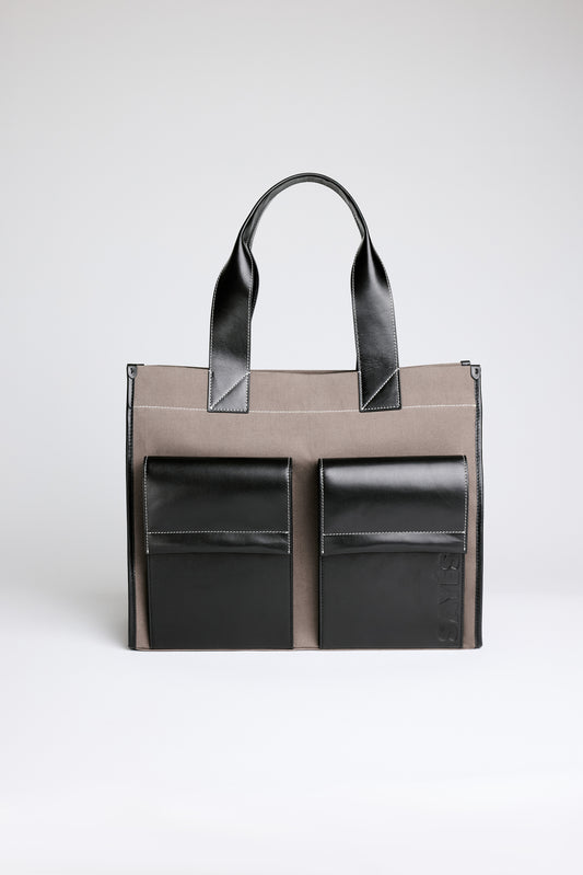 STITCHED POCKET MAXI TOTE IN MINK AND BLACK