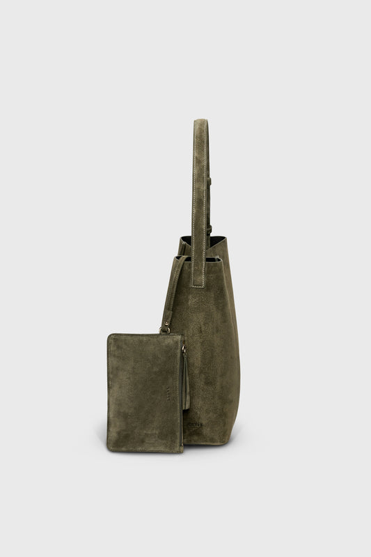 THE LARGE TOTE PLISSÉ KHAKI SUEDE