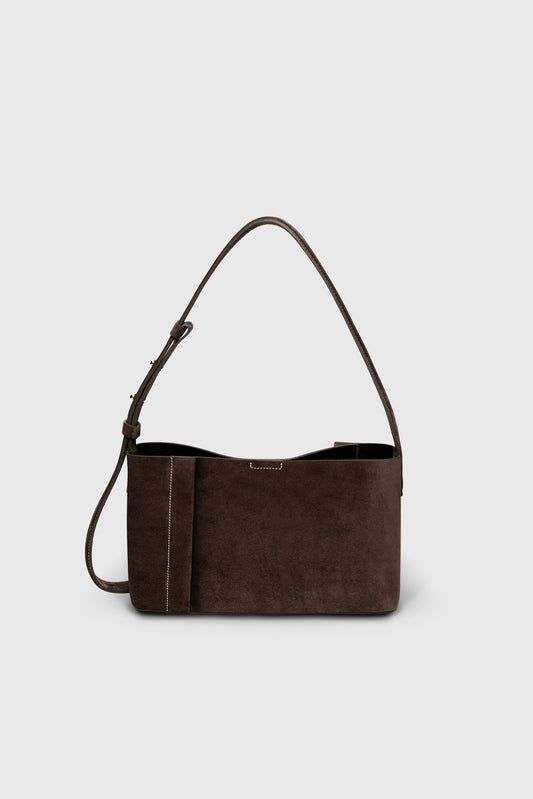THE SMALL TOTE PLISSÉ BROWN SUEDE