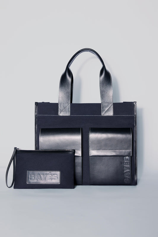 STITCHED POCKET MAXI TOTE IN NAVY AND BLACK