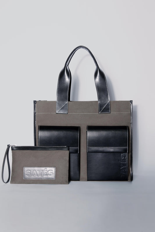 STITCHED POCKET MAXI TOTE IN MINK AND BLACK