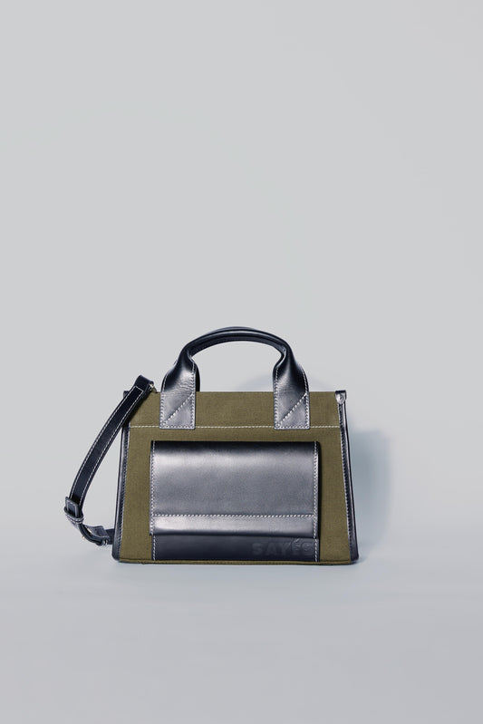STITCHED POCKET MINI TOTE IN KHAKI AND BLACK
