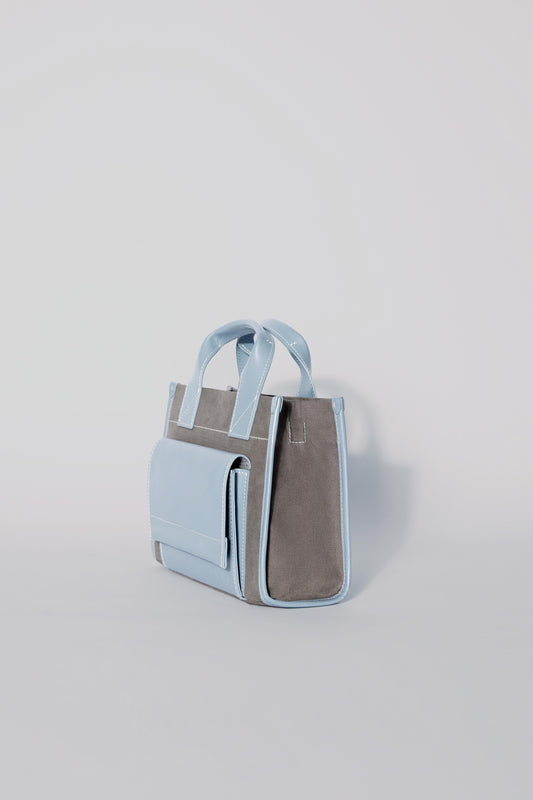 STITCHED POCKET MINI TOTE IN MINK AND BLUE