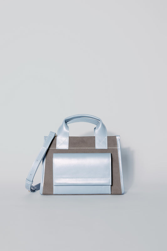 STITCHED POCKET MINI TOTE IN MINK AND BLUE