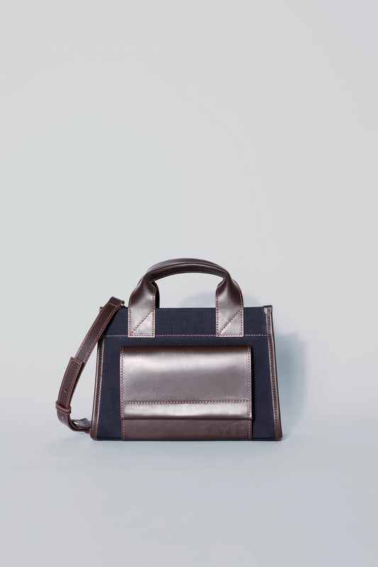 STITCHED POCKET MINI TOTE IN NAVY AND BROWN