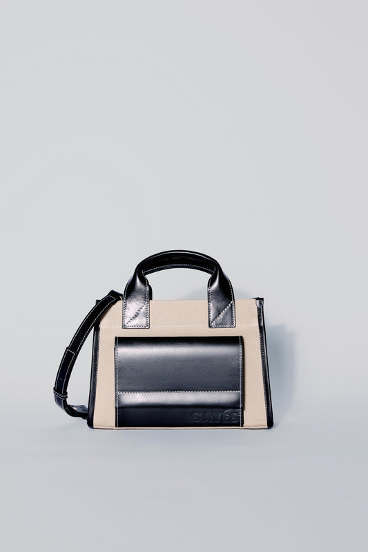 STITCHED POCKET MINI TOTE IN BEIGE AND BLACK