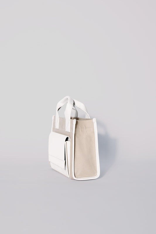 STITCHED POCKET MINI TOTE IN BEIGE AND OFF-WHITE