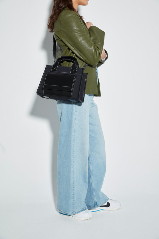 STITCHED POCKET MINI TOTE IN NAVY AND BLACK