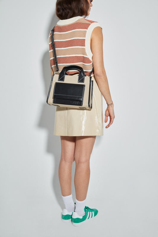STITCHED POCKET MINI TOTE IN BEIGE AND BLACK